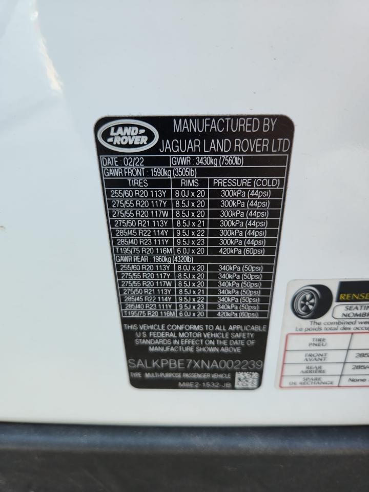 2022 Land Rover Range Rover Se VIN: SALKPBE7XNA002239 Lot: 93819575