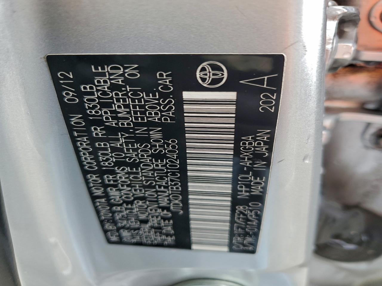 2012 Toyota Prius C VIN: JTDKDTB37C1024056 Lot: 92696375