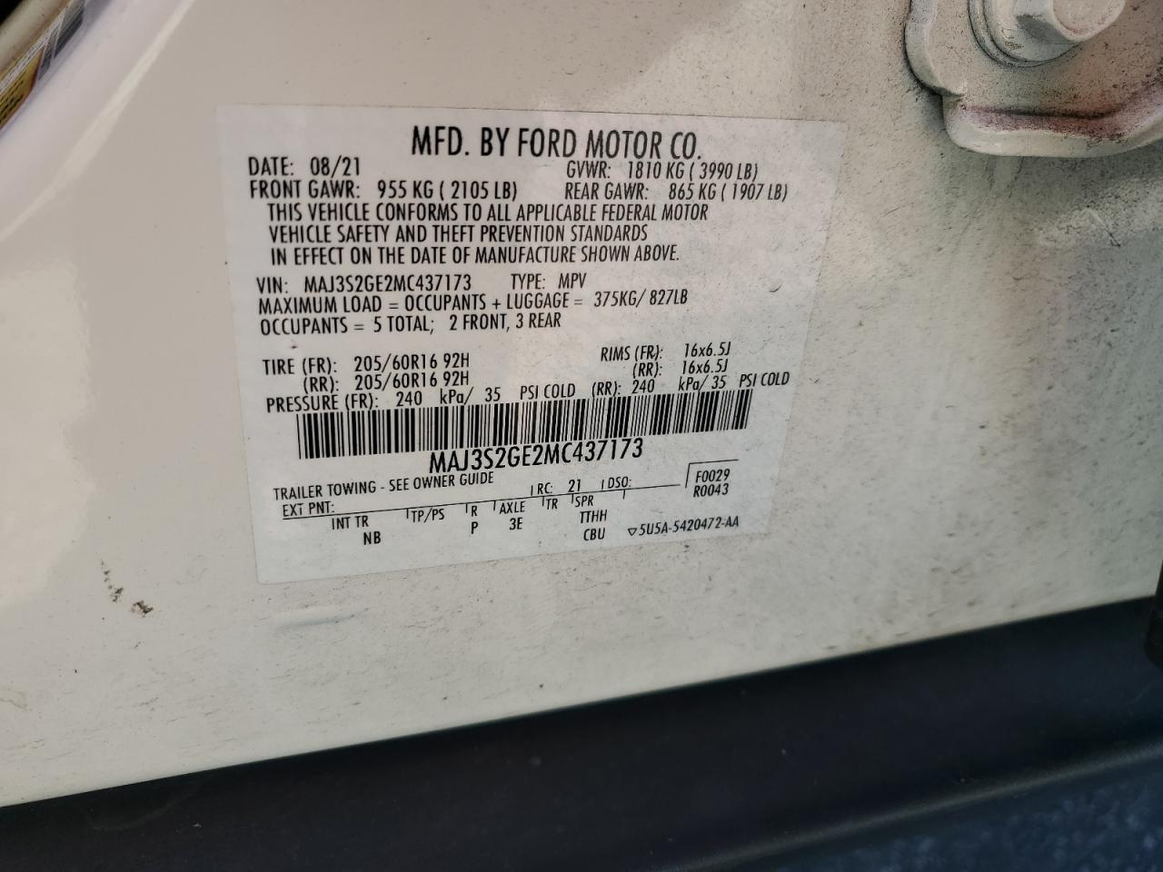 2021 Ford Ecosport Se VIN: MAJ3S2GE2MC437173 Lot: 91382635