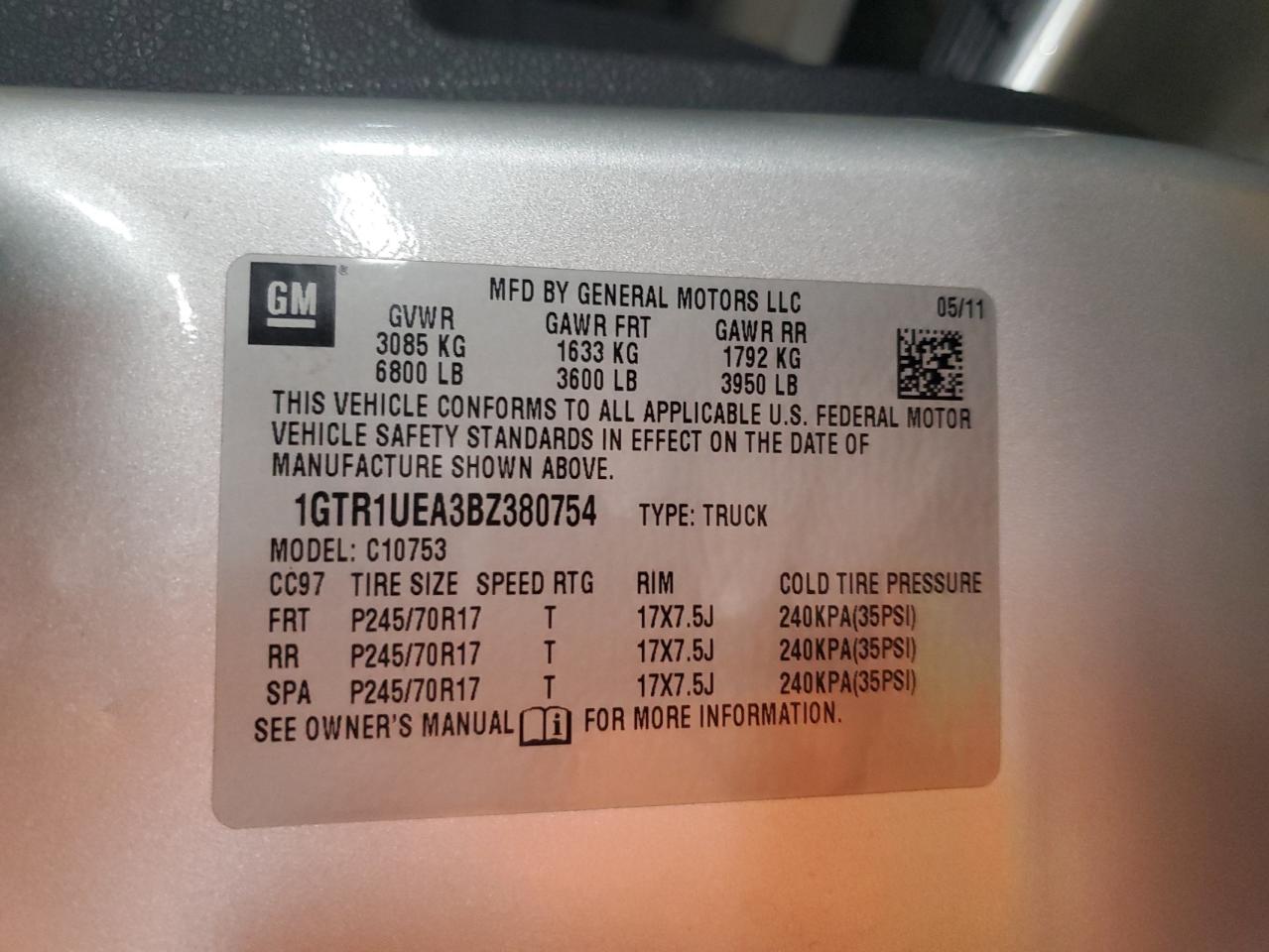 2011 GMC Sierra C1500 Sl VIN: 1GTR1UEA3BZ380754 Lot: 92043265