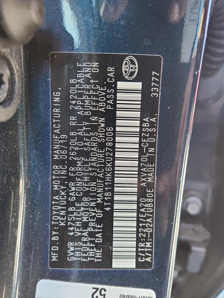 2019 Toyota Camry L VIN: 4T1B11HK6KU278006 Lot: 93240045