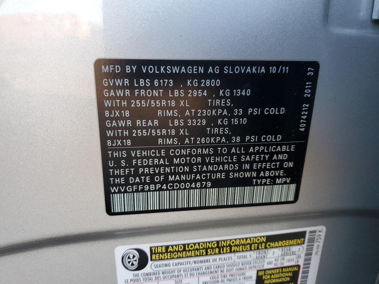 2012 Volkswagen Touareg V6 VIN: WVGFF9BP4CD004679 Lot: 91887265