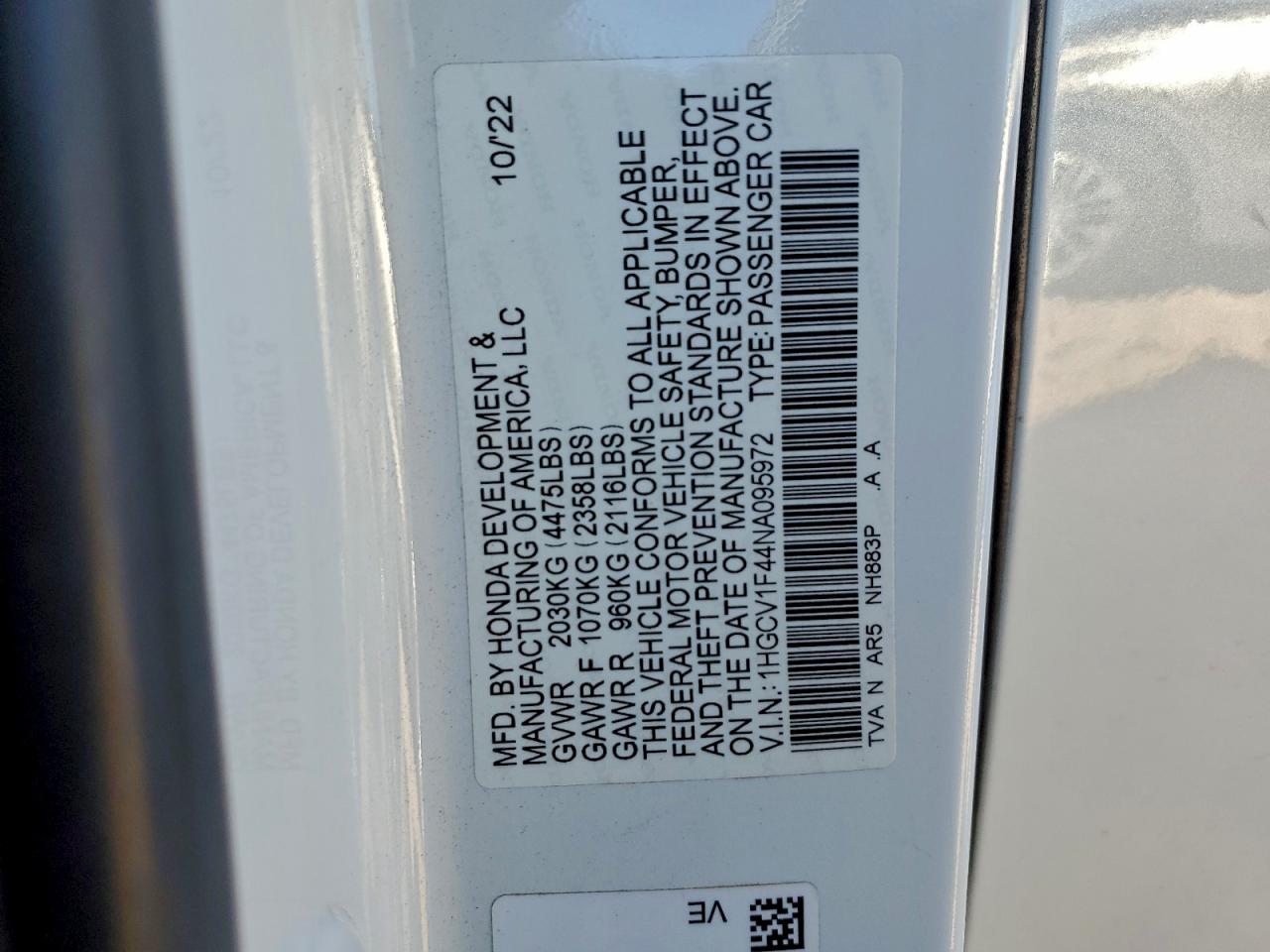 2022 Honda Accord Sport Se VIN: 1HGCV1F44NA095972 Lot: 93773025