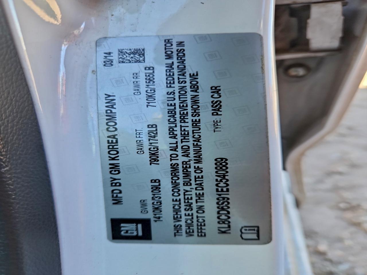 2014 Chevrolet Spark 1Lt VIN: KL8CD6S91EC540889 Lot: 94469255