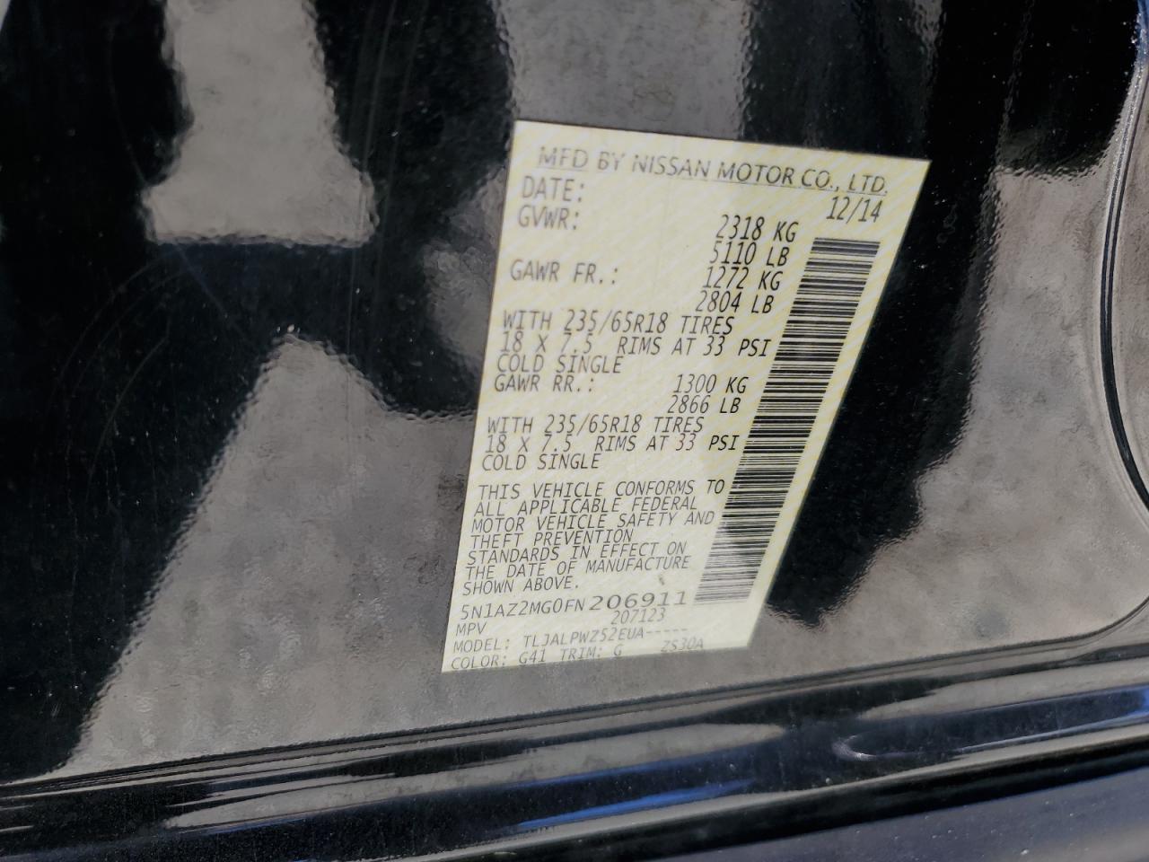 2015 Nissan Murano S VIN: 5N1AZ2MG0FN206911 Lot: 92093015