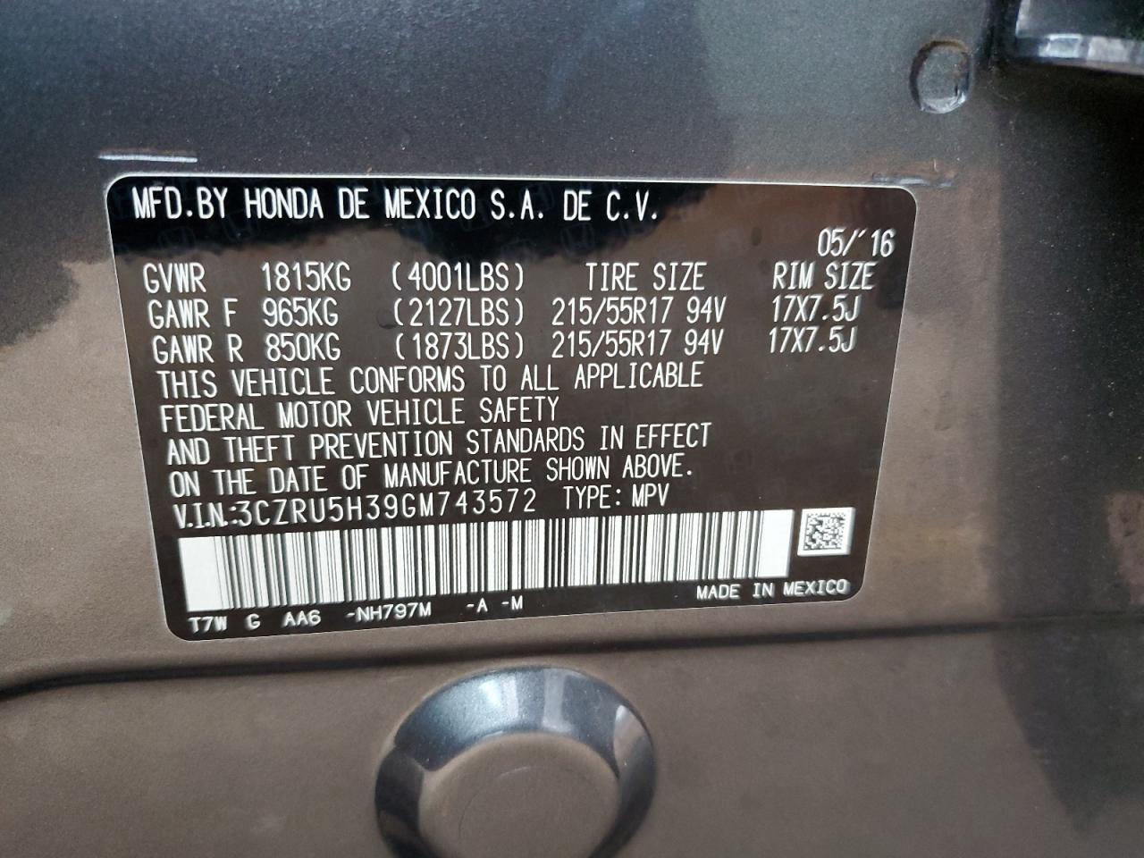 2016 Honda Hr-V Lx VIN: 3CZRU5H39GM743572 Lot: 93586585