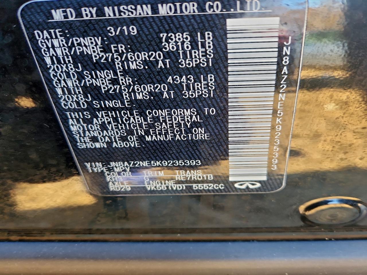 2019 Infiniti Qx80 Luxe VIN: JN8AZ2NE5K9235393 Lot: 93919575