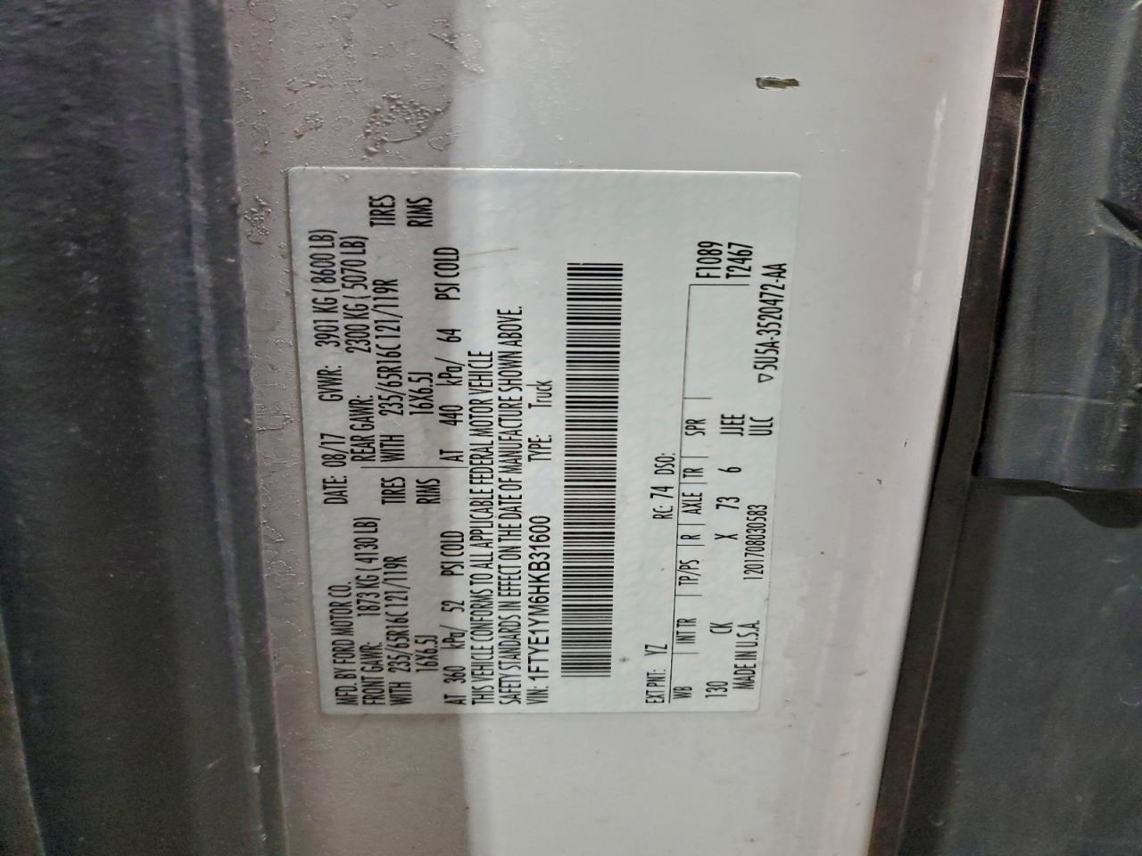 2017 Ford Transit T-150 VIN: 1FTYE1YM6HKB31600 Lot: 94547655