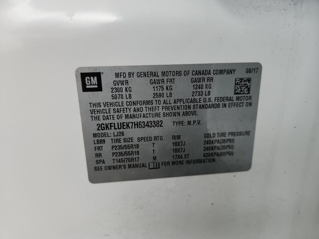 2017 GMC Terrain Slt VIN: 2GKFLUEK7H6343382 Lot: 92260035