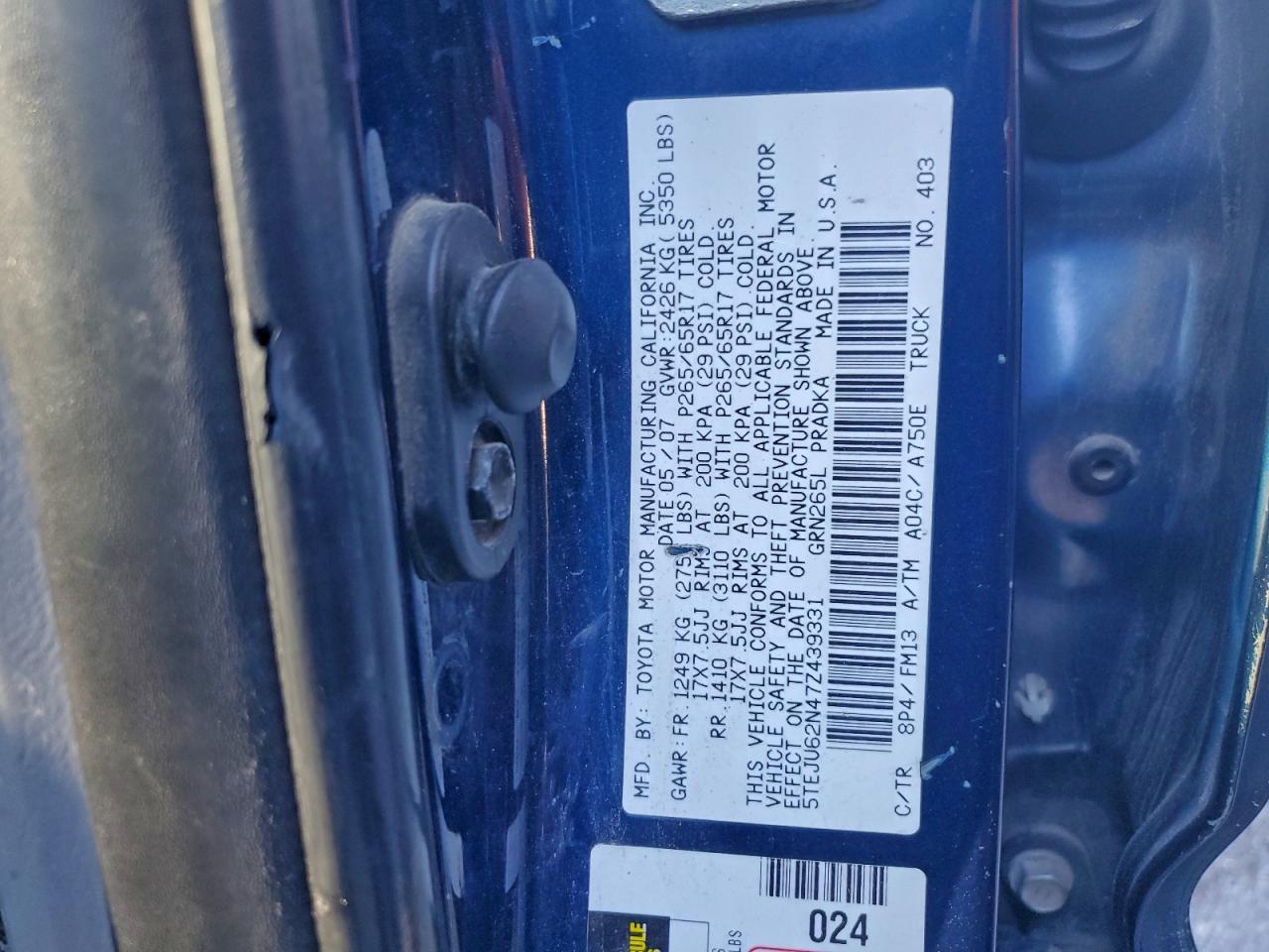 2007 Toyota Tacoma Double Cab Prerunner VIN: 5TEJU62N47Z439331 Lot: 92591915