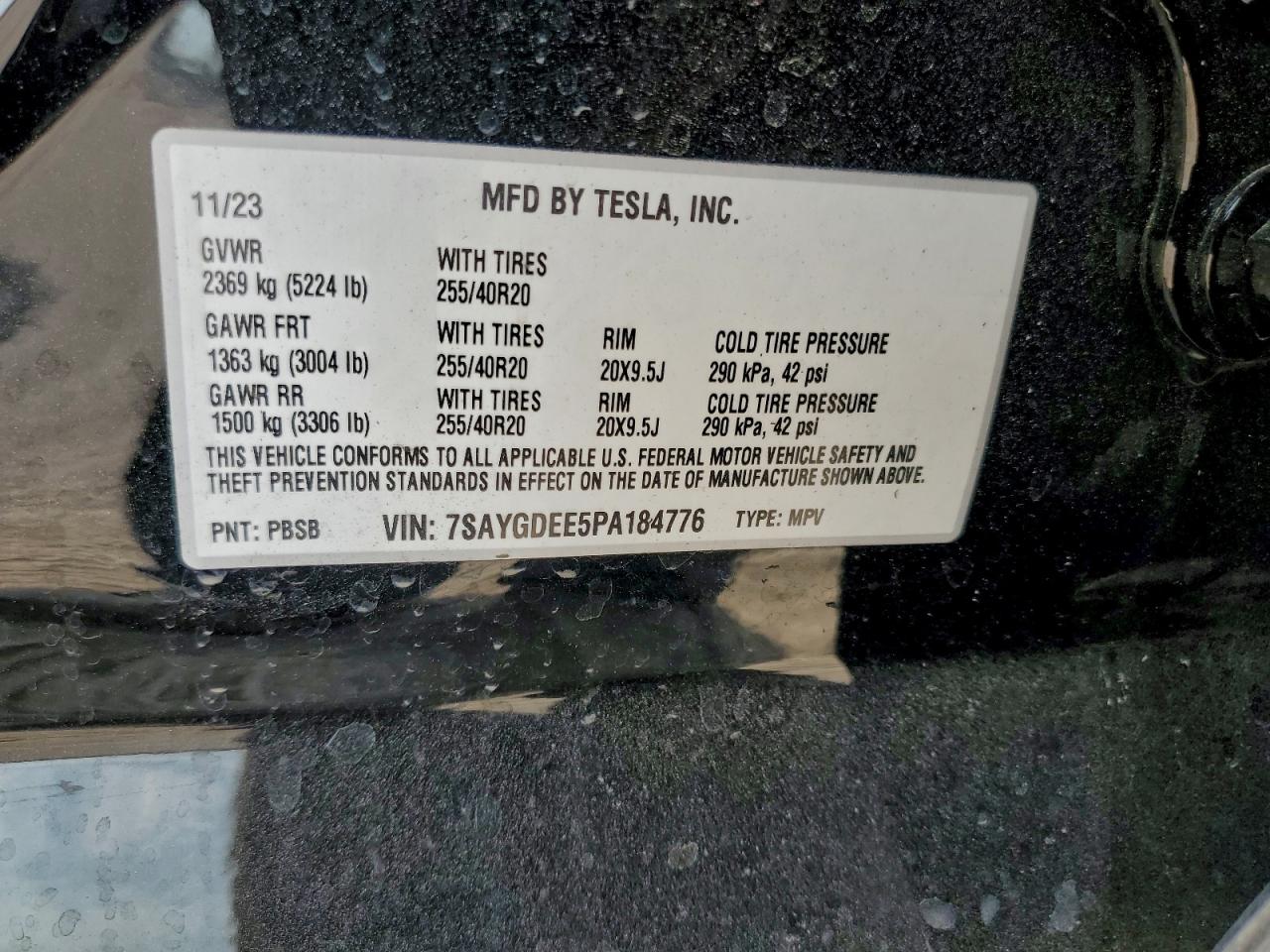 2023 Tesla Model Y VIN: 7SAYGDEE5PA184776 Lot: 93964905