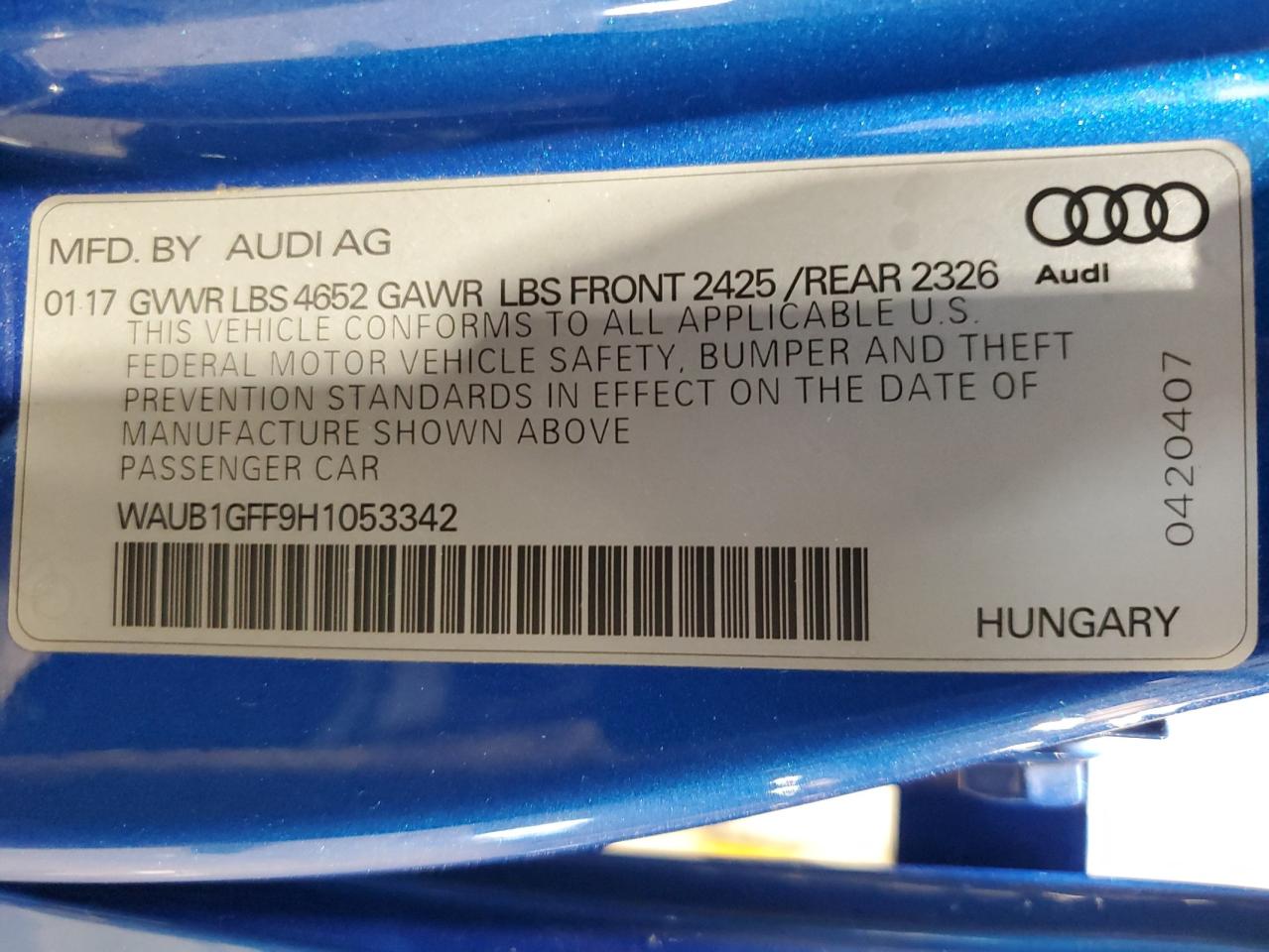 2017 Audi S3 Premium Plus VIN: WAUB1GFF9H1053342 Lot: 92353115