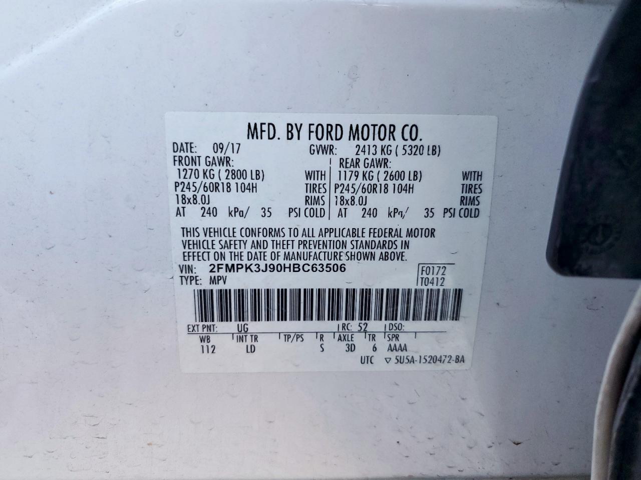 2017 Ford Edge Sel VIN: 2FMPK3J90HBC63506 Lot: 92227555