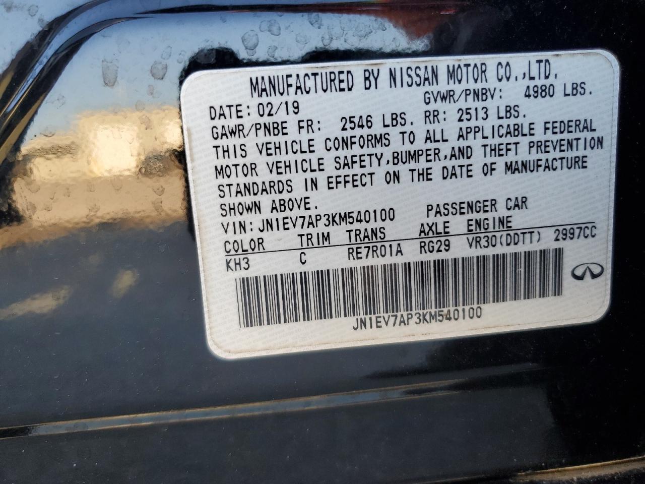 2019 Infiniti Q50 Luxe VIN: JN1EV7AP3KM540100 Lot: 92516315