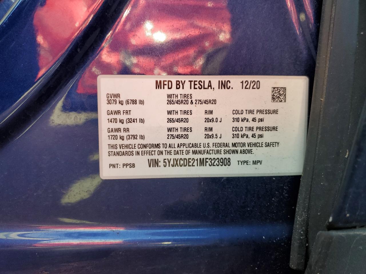 2021 Tesla Model X VIN: 5YJXCDE21MF323908 Lot: 92373385