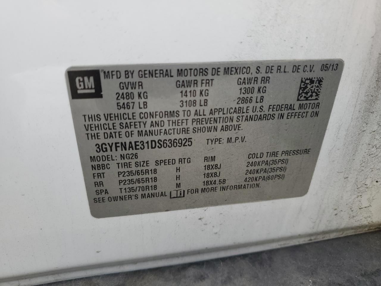 2013 Cadillac Srx VIN: 3GYFNAE31DS636925 Lot: 92506025