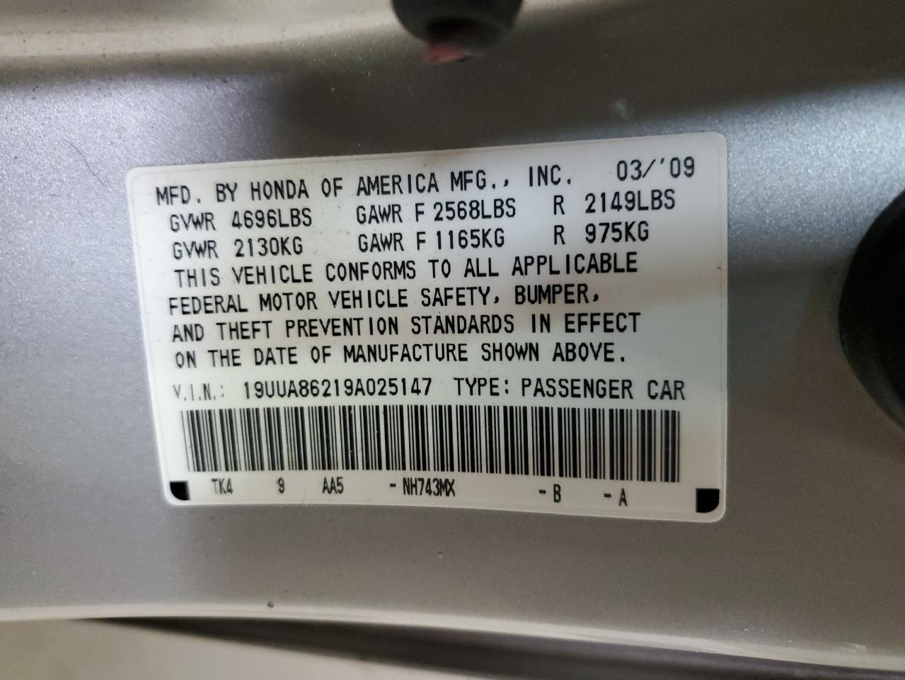 2009 Acura Tl VIN: 19UUA86219A025147 Lot: 93923805