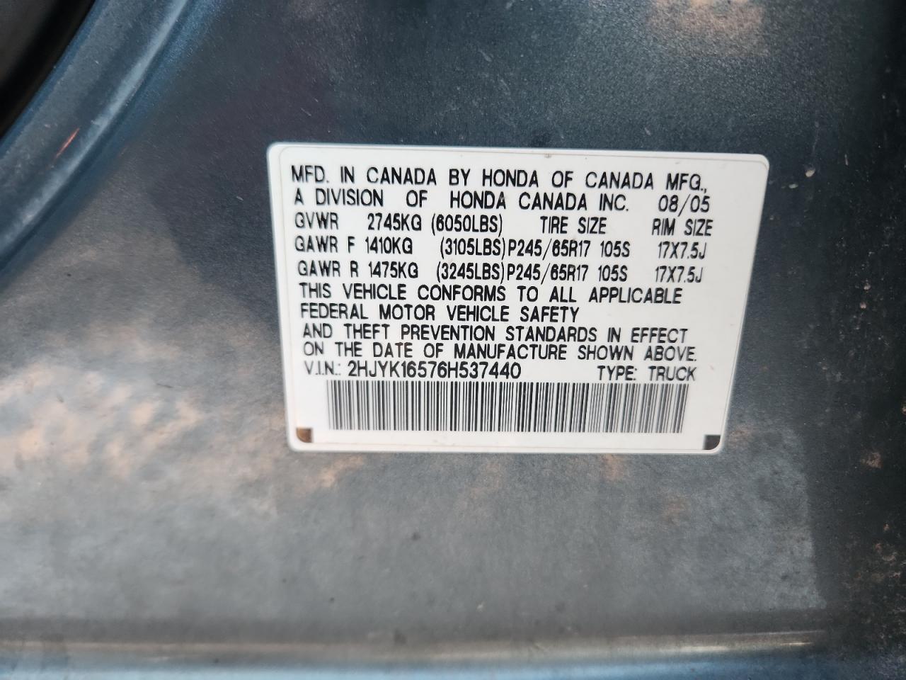 2006 Honda Ridgeline Rtl VIN: 2HJYK16576H537440 Lot: 93752955