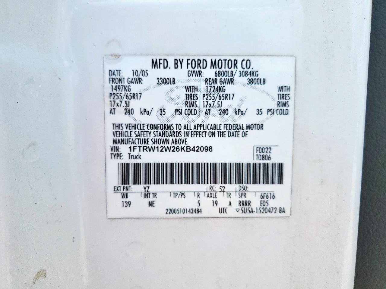 2006 Ford F150 Supercrew VIN: 1FTRW12W26KB42098 Lot: 92463125