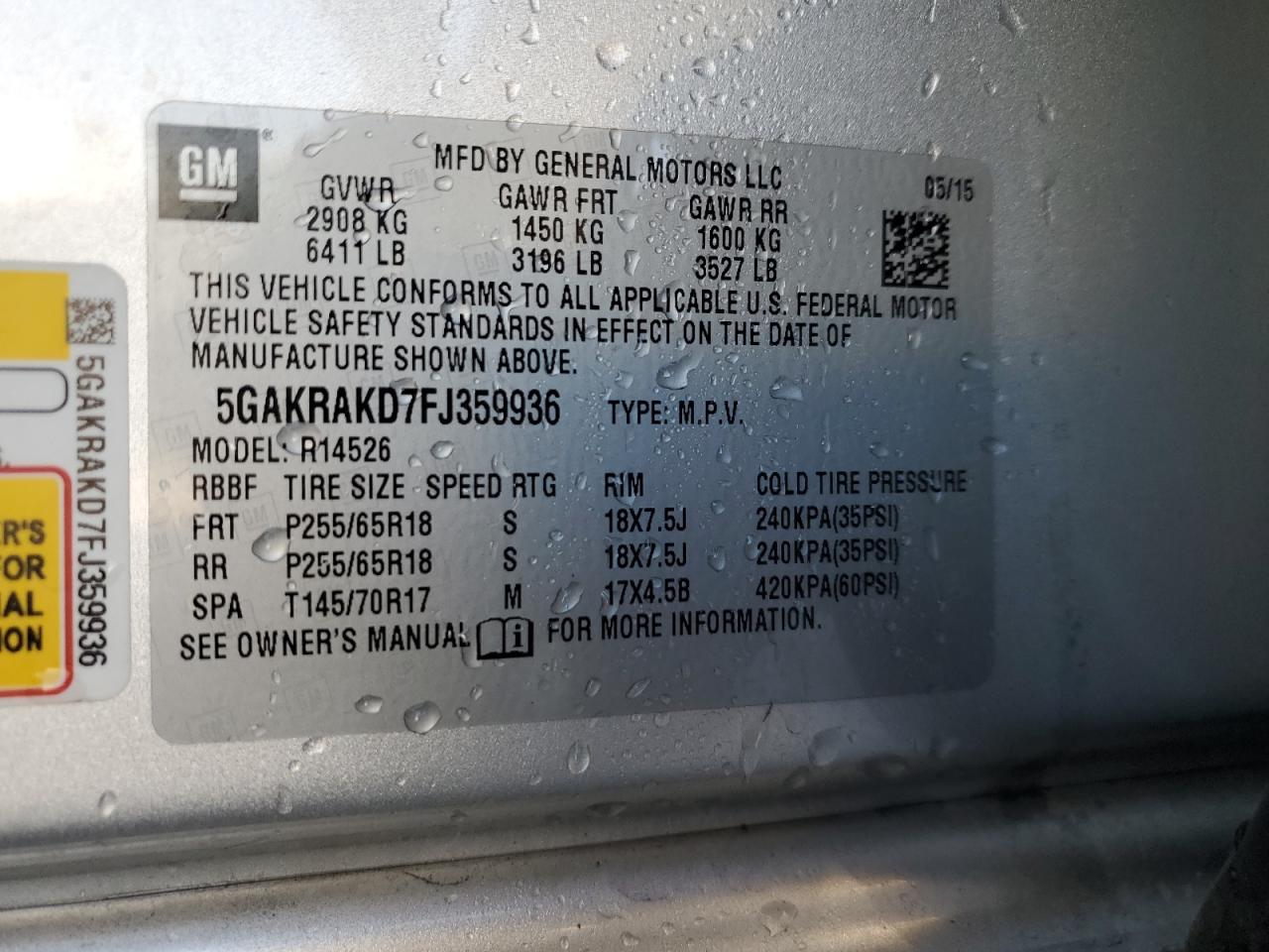 2015 Buick Enclave VIN: 5GAKRAKD7FJ359936 Lot: 92420645