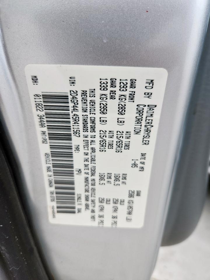 2005 Dodge Grand Caravan Sxt VIN: 2D4GP44L45R411567 Lot: 93529295