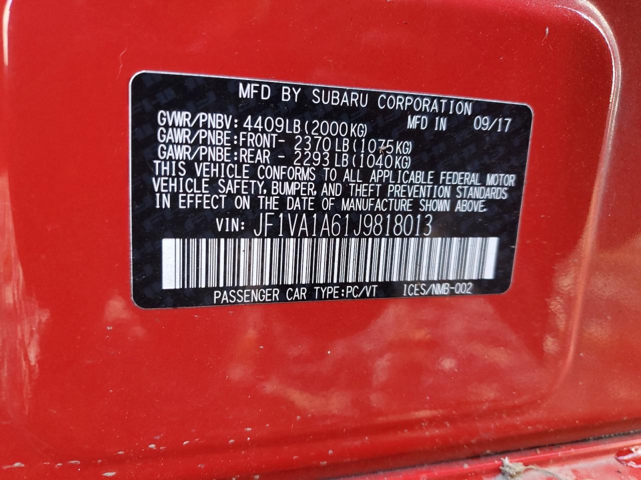 2018 Subaru Wrx VIN: JF1VA1A61J9818013 Lot: 91937255