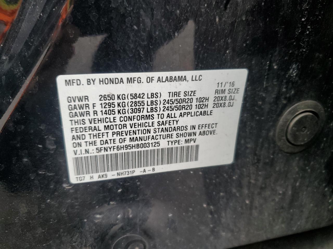 2017 Honda Pilot Touring VIN: 5FNYF6H95HB003125 Lot: 91934745