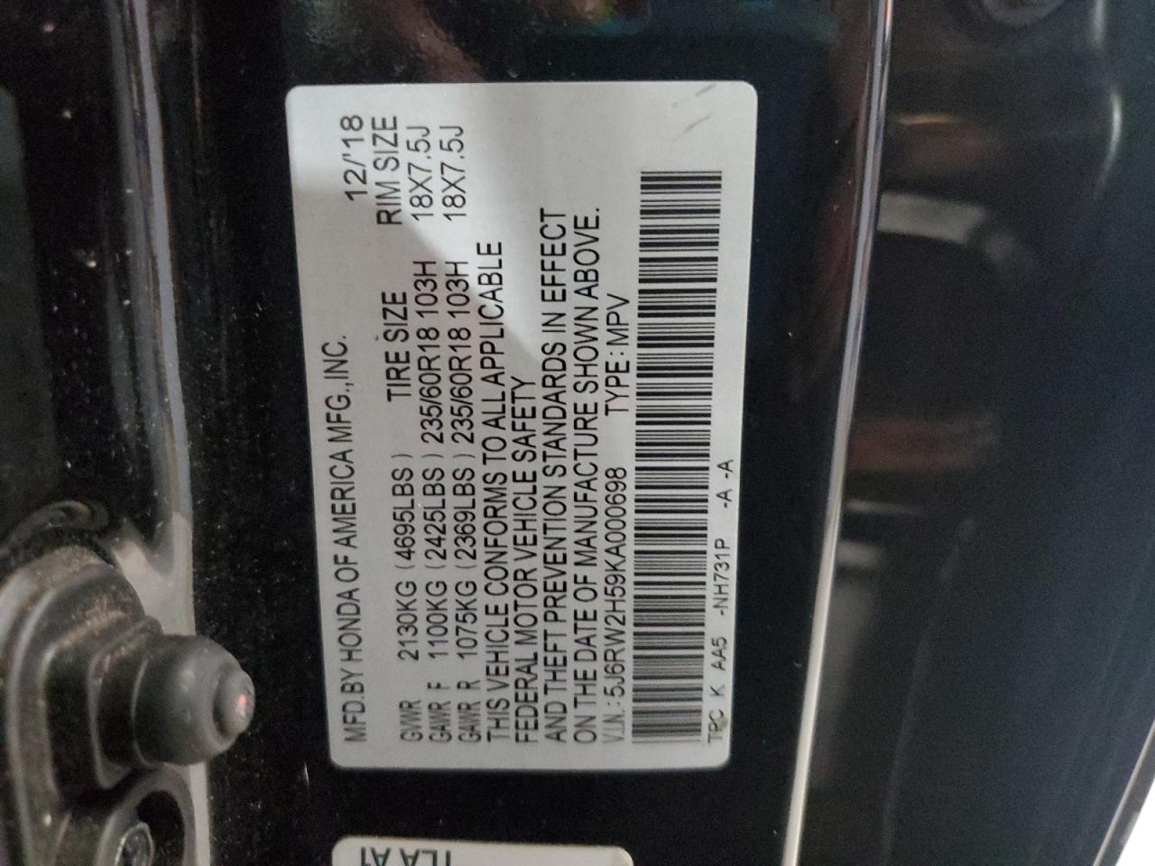 2019 Honda Cr-V Ex VIN: 5J6RW2H59KA000698 Lot: 92646715