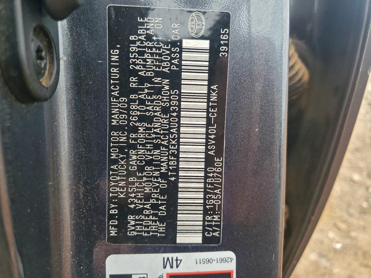 2010 Toyota Camry Base VIN: 4T1BF3EK5AU043905 Lot: 93711785