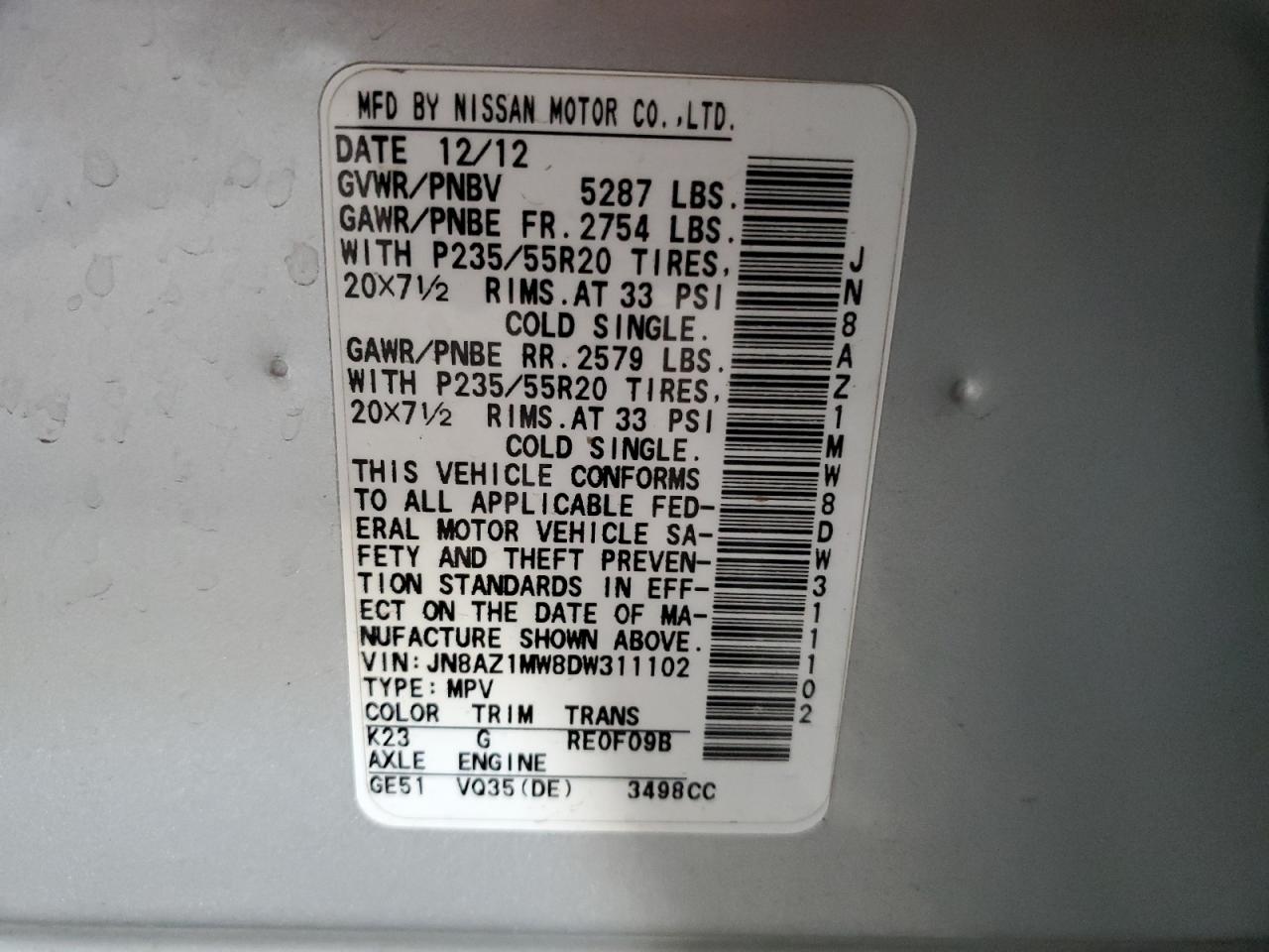 2013 Nissan Murano S VIN: JN8AZ1MW8DW311102 Lot: 93333395