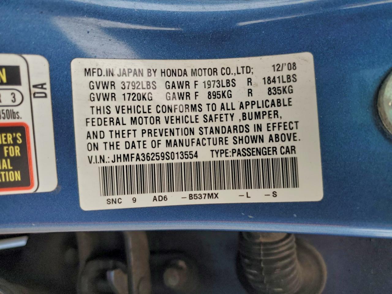 2009 Honda Civic Hybrid VIN: JHMFA36259S013554 Lot: 94540245