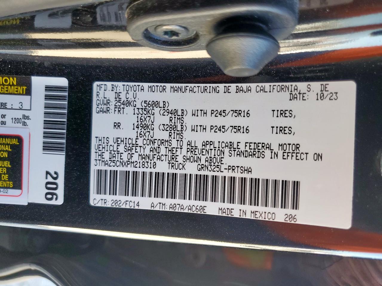 2023 Toyota Tacoma Double Cab VIN: 3TMAZ5CNXPM218310 Lot: 91073515