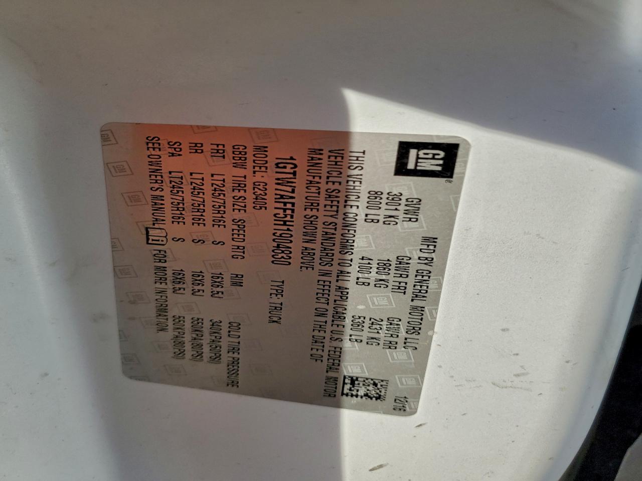 2017 GMC Savana Cargo 2500 13 VIN: 1GTW7AFF5H1904830 Lot: 94141495