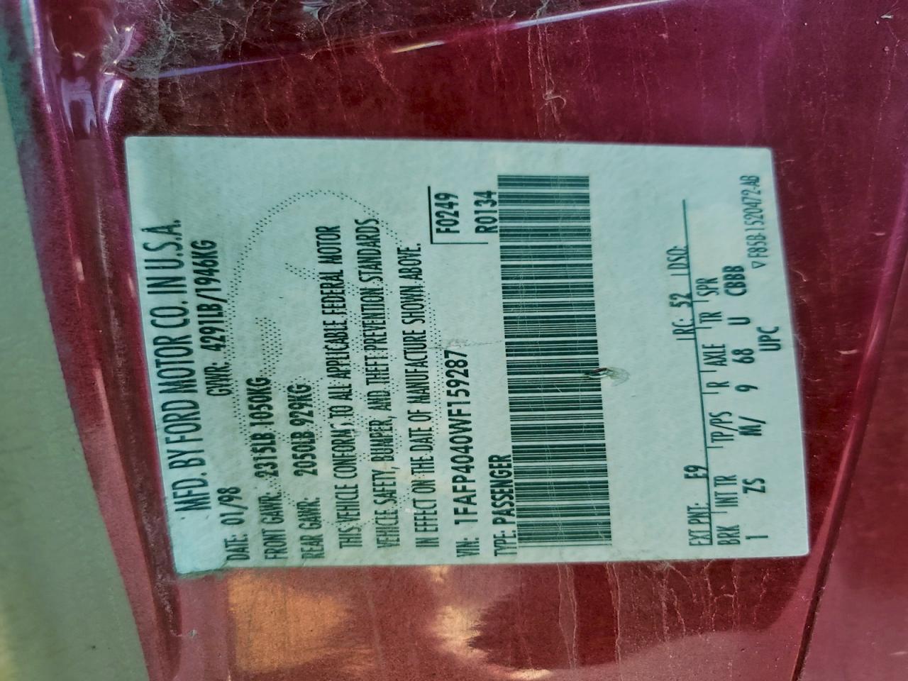 1998 Ford Mustang VIN: 1FAFP4040WF159287 Lot: 85101115