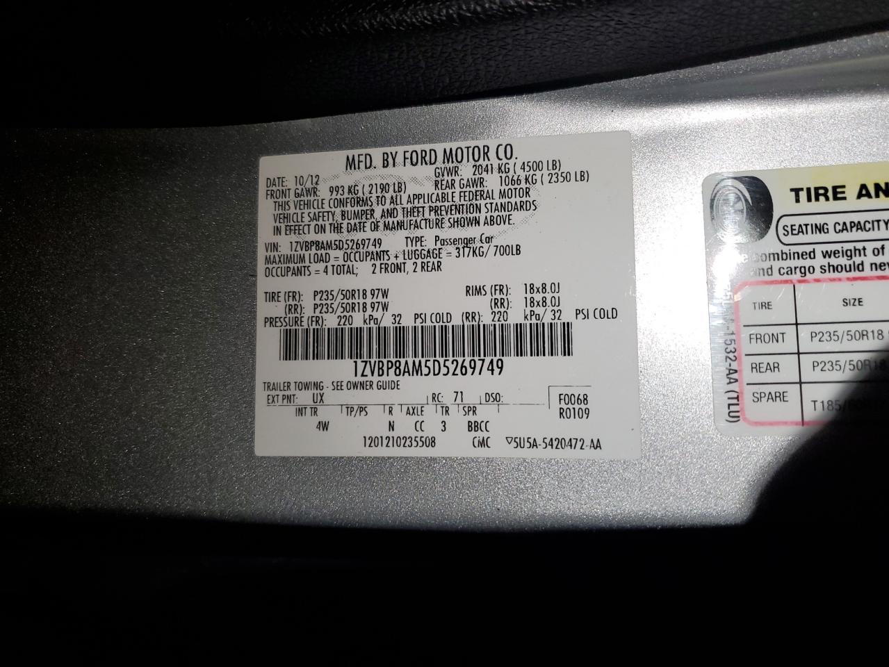 2013 Ford Mustang VIN: 1ZVBP8AM5D5269749 Lot: 93683625