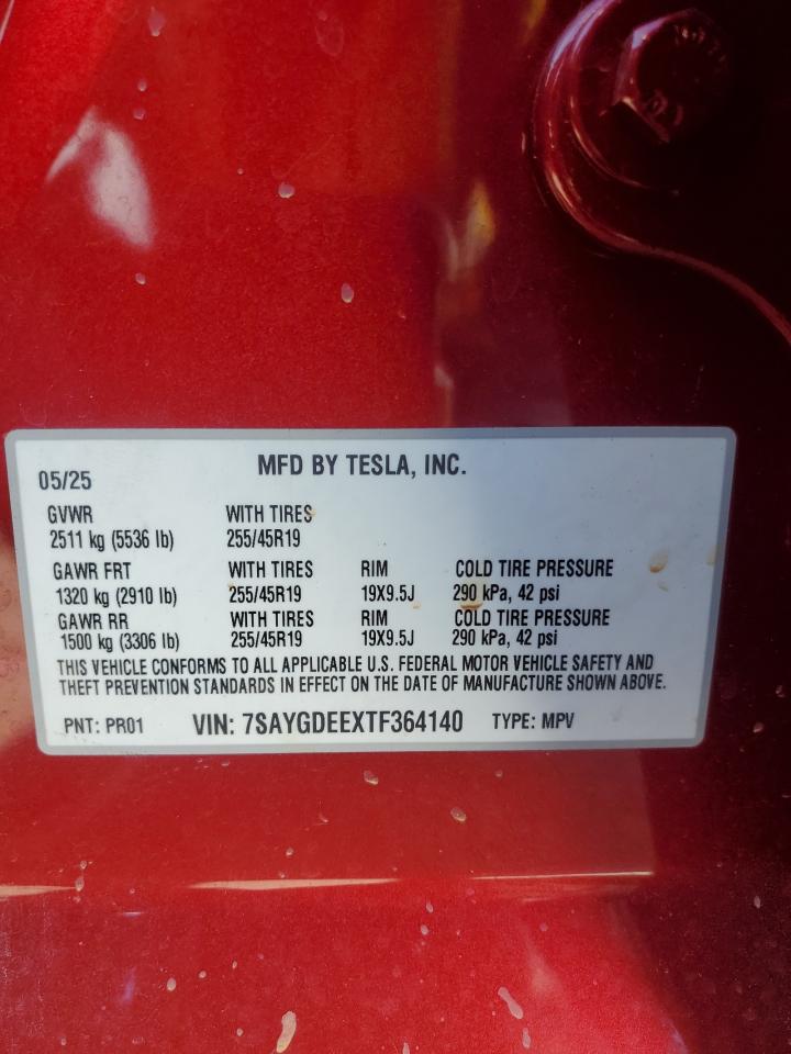 2026 Tesla Model Y VIN: 7SAYGDEEXTF364140 Lot: 91579075