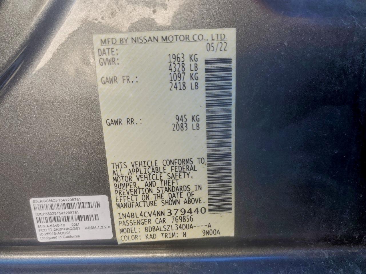 2022 Nissan Altima Sr VIN: 1N4BL4CV4NN379440 Lot: 94130995