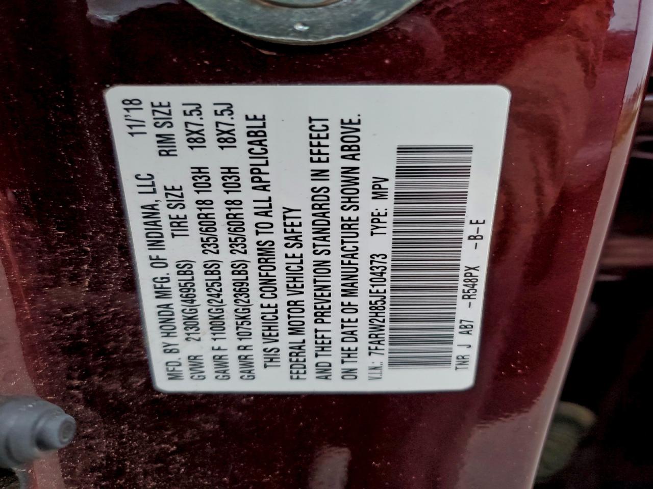 2018 Honda Cr-V Exl VIN: 7FARW2H85JE104373 Lot: 94280185