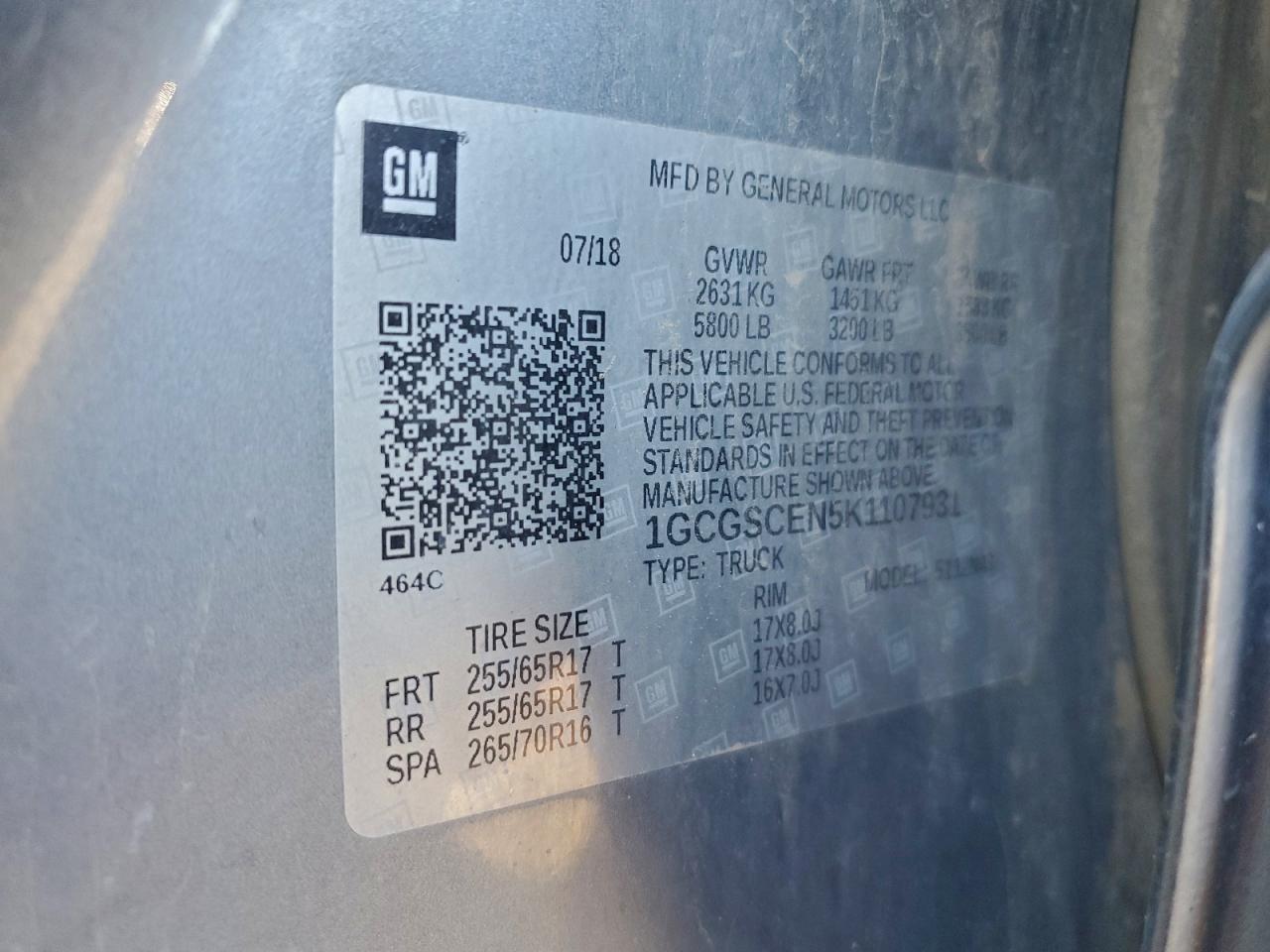 2019 Chevrolet Colorado Lt VIN: 1GCGSCEN5K1107931 Lot: 93699505