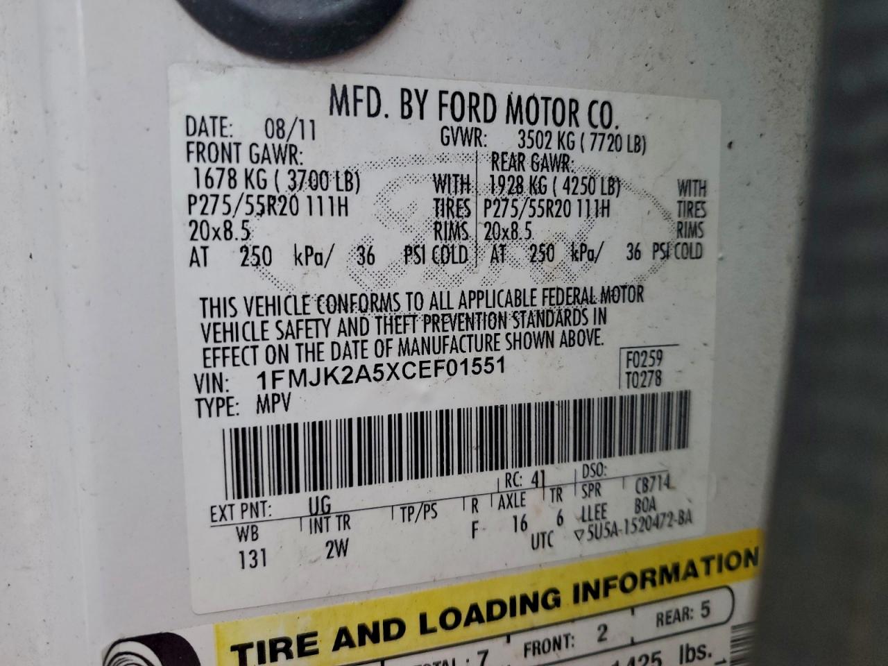 2012 Ford Expedition El Limited VIN: 1FMJK2A5XCEF01551 Lot: 93824895