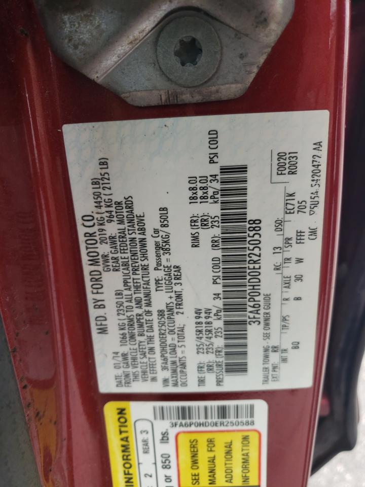 2014 Ford Fusion Se VIN: 3FA6P0HD0ER250588 Lot: 92811625