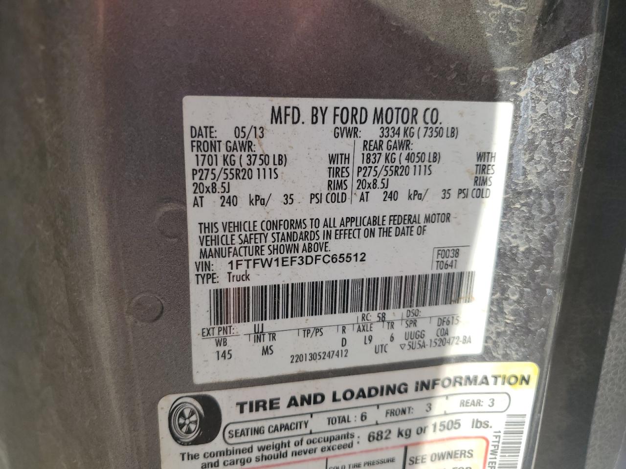 2013 Ford F150 Supercrew VIN: 1FTFW1EF3DFC65512 Lot: 90907025