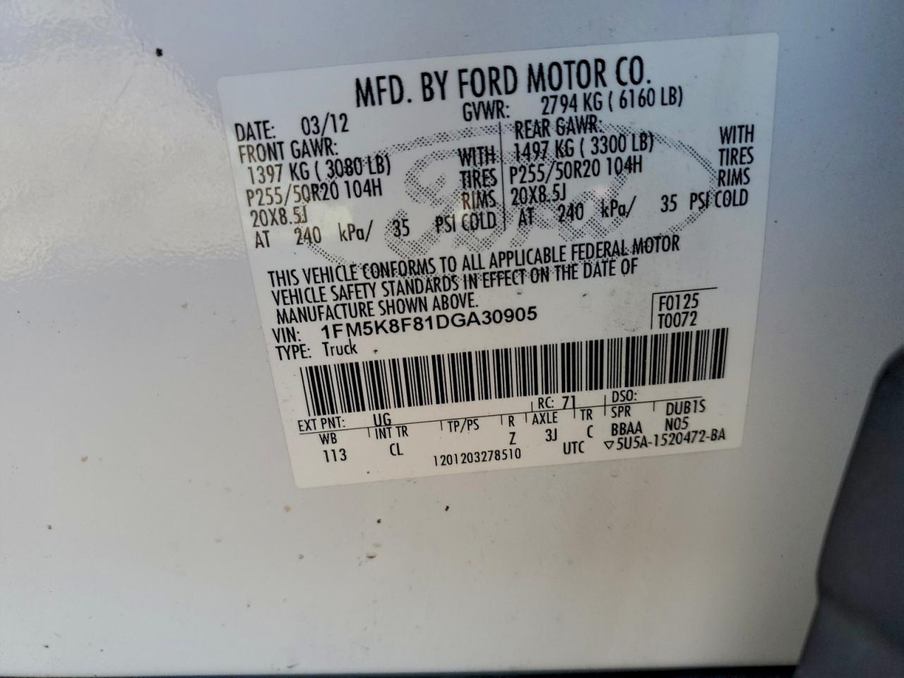 2013 Ford Explorer Limited VIN: 1FM5K8F81DGA30905 Lot: 94169735