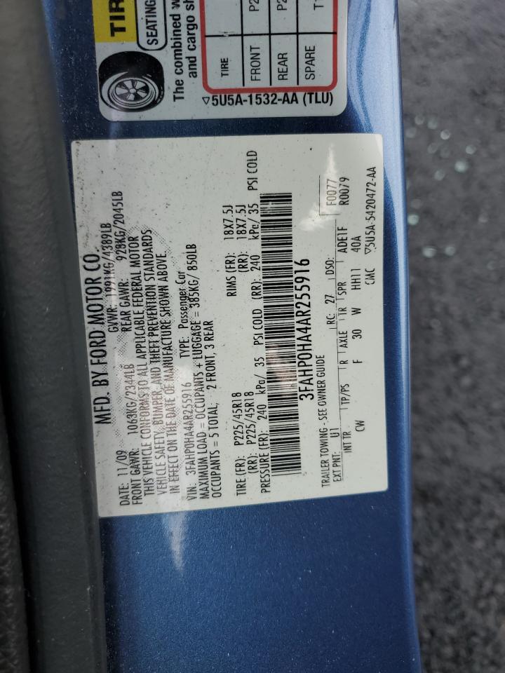 2010 Ford Fusion Se VIN: 3FAHP0HA4AR255916 Lot: 91628065