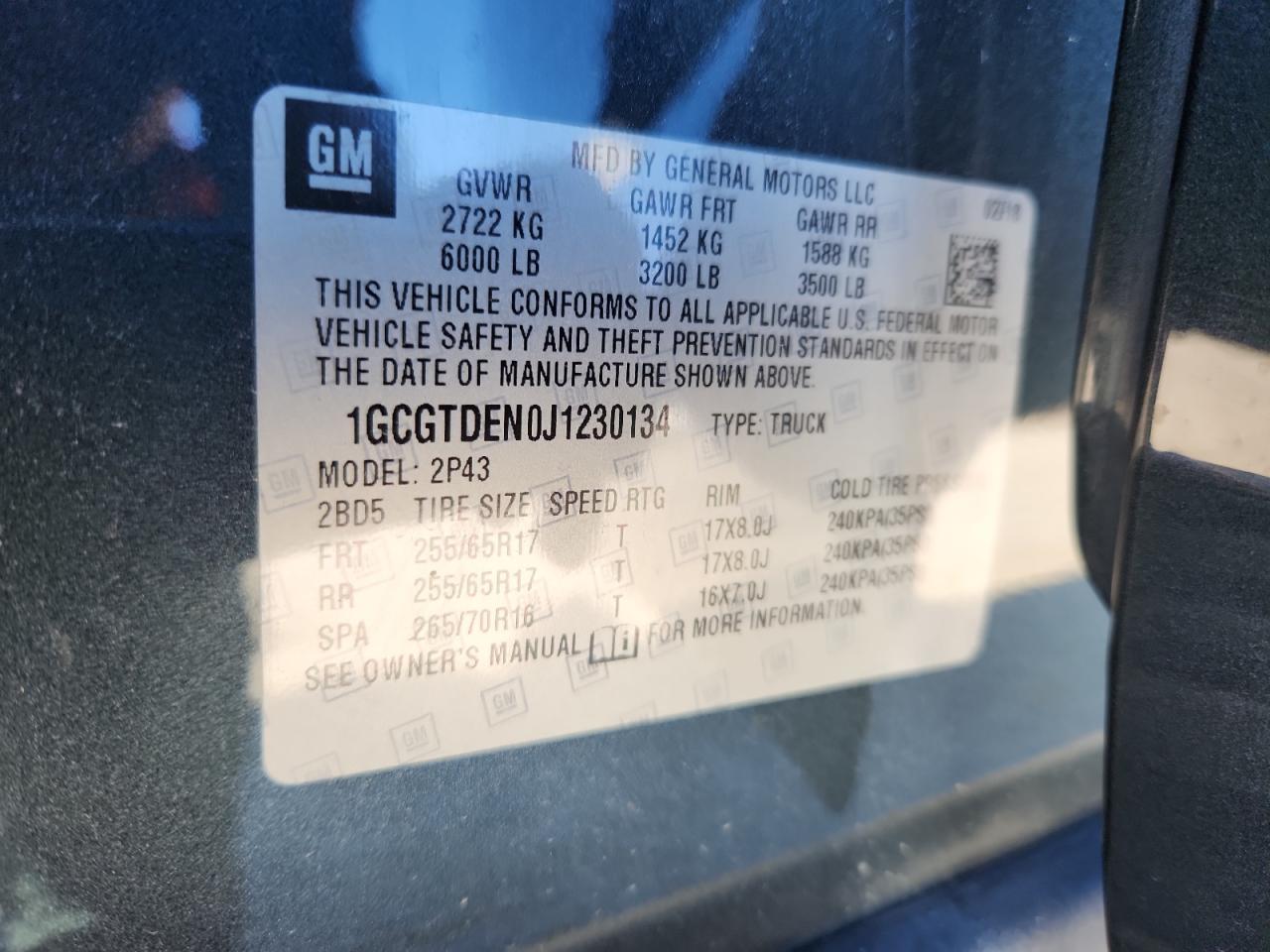 2018 Chevrolet Colorado Z71 VIN: 1GCGTDEN0J1230134 Lot: 91490815