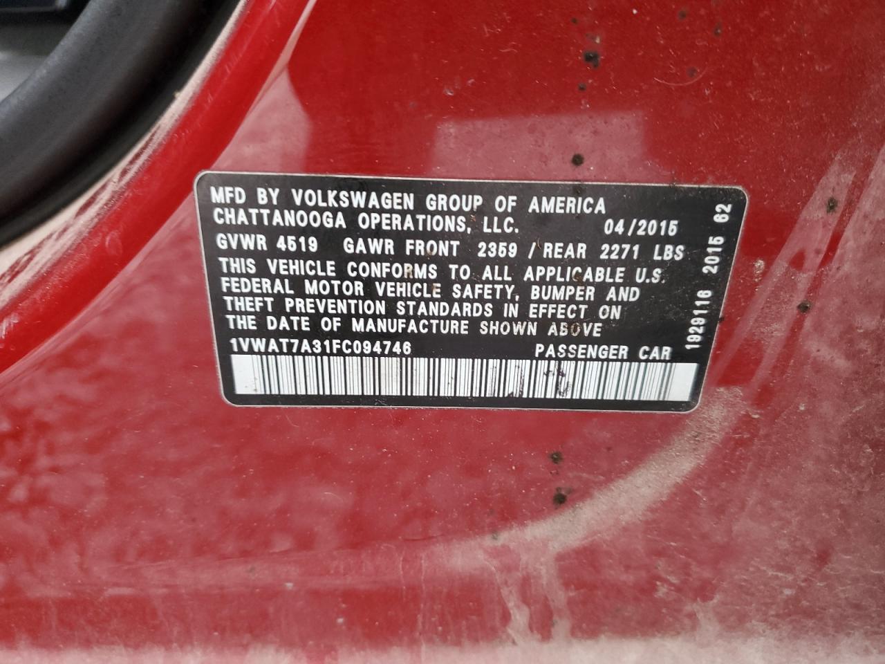 2015 Volkswagen Passat S VIN: 1VWAT7A31FC094746 Lot: 93095255