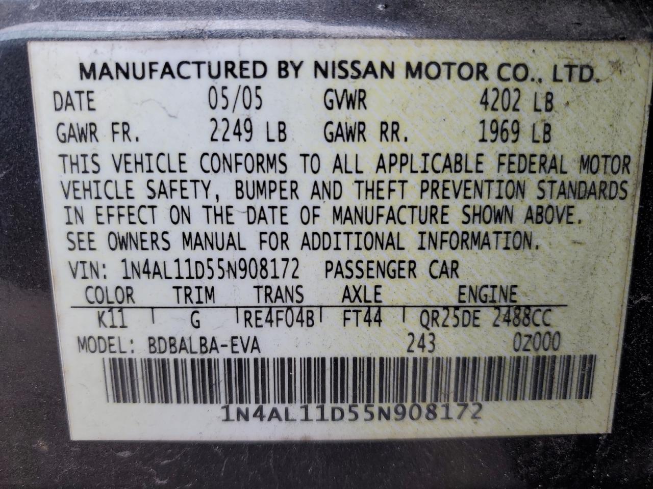 2005 Nissan Altima S VIN: 1N4AL11D55N908172 Lot: 90988475