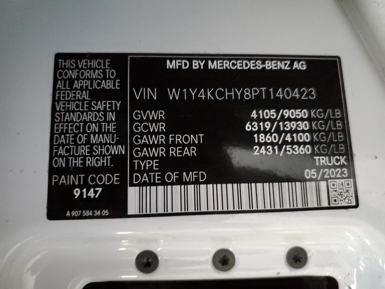 2023 Mercedes Benz Sprinter 2 Delivery Van VIN: W1Y4KCHY8PT140423 Lot: 92583895