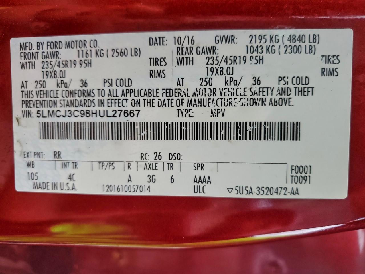 2017 Lincoln Mkc Reserve VIN: 5LMCJ3C98HUL27667 Lot: 94502675