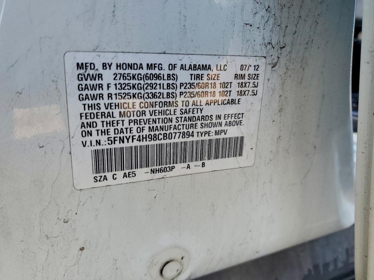 2012 Honda Pilot Touring VIN: 5FNYF4H98CB077894 Lot: 94070865